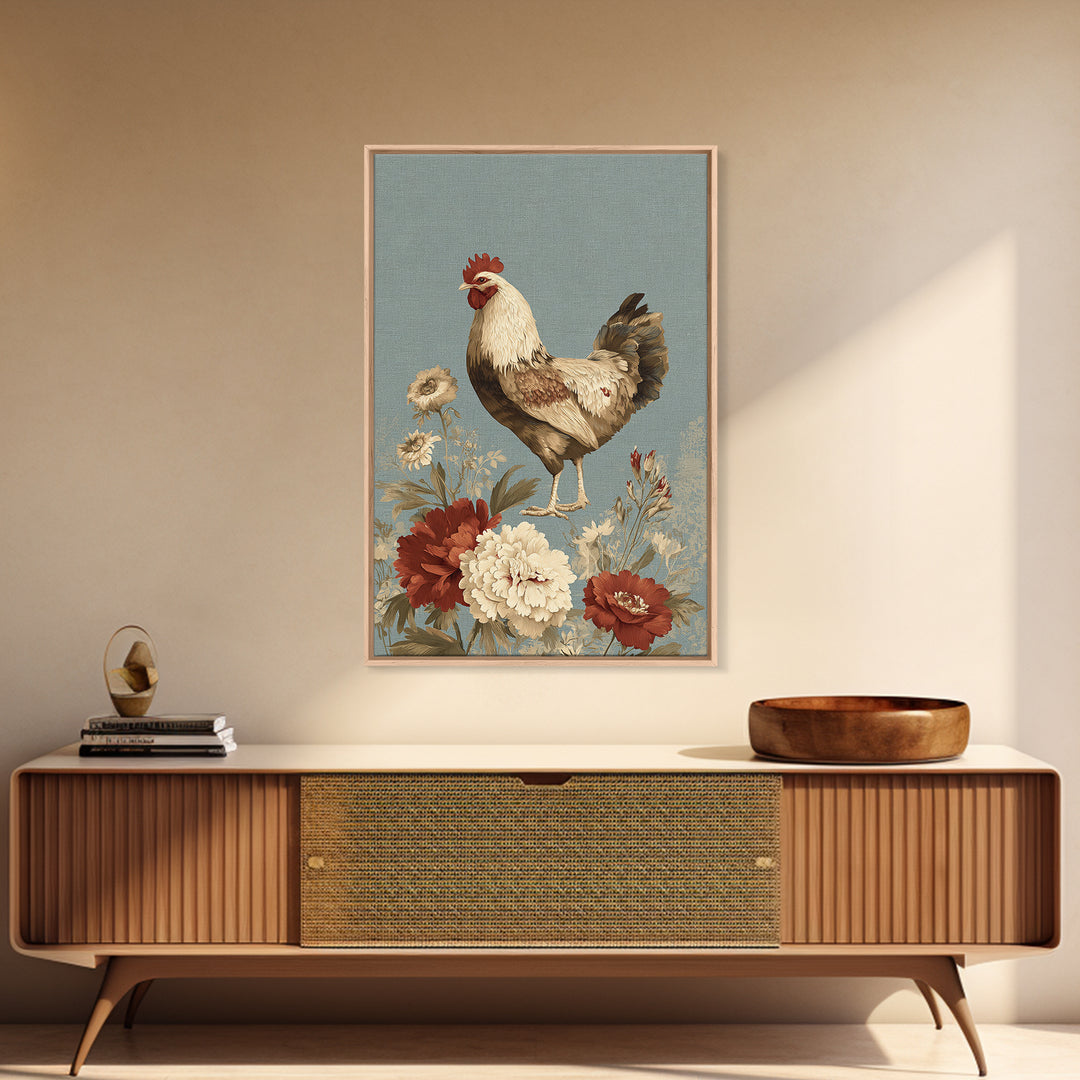 Chickens Pecking Near Garden Flowers Framed Canvas Print, Country Art, Textured Painting, Farmhouse Decor, Fine Art, Country, COU-2x3-46