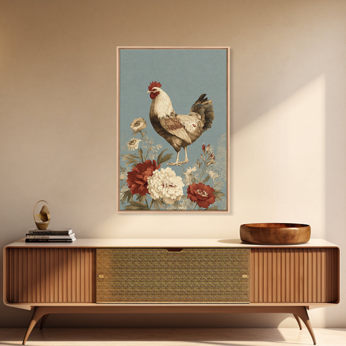 Chickens Pecking Near Garden Flowers Framed Canvas Print, Country Art, Textured Painting, Farmhouse Decor, Fine Art, Country, COU-2x3-46