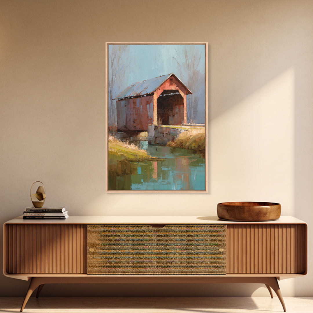 Covered Bridge over a Quiet Creek Framed Canvas Print, Country Art, Wall Art, Farmhouse Decor, Abstract Art, Country, COU-2x3-47