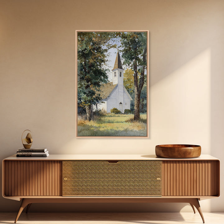 Country Church Steeple Beyond Trees Framed Canvas Print, Country Art, Room Decor, Farmhouse Decor, Oil Painting, Country, COU-2x3-51