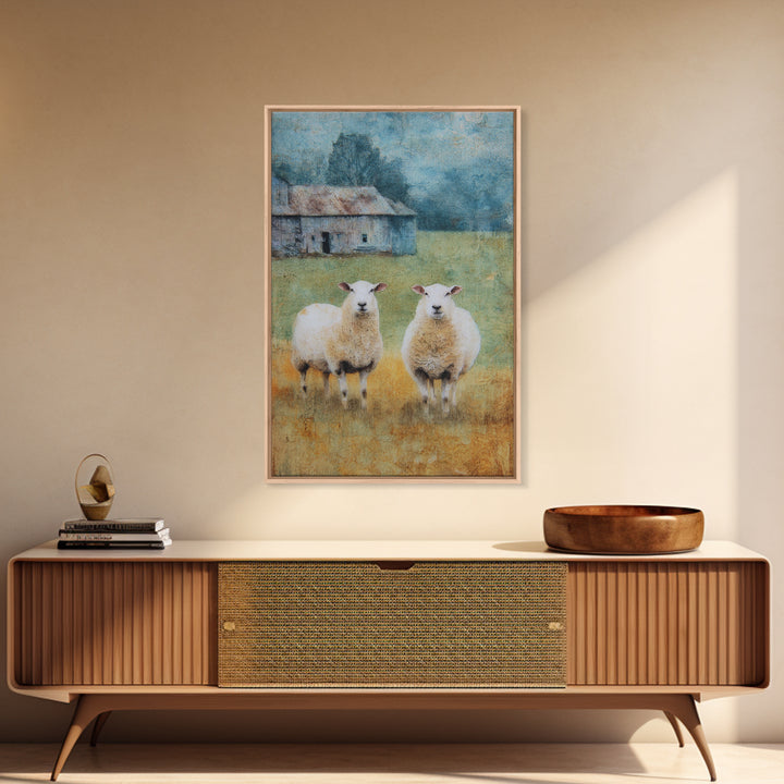 Watercolor Sheep in a Green Pasture Framed Canvas Print, Country Art, Textured Painting, Farmhouse Decor, Fine Art, Country, COU-2x3-55