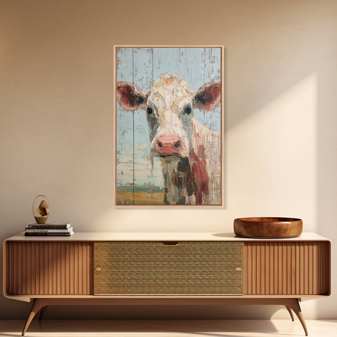 Cow Portrait with Gentle Farmhouse Personality Framed Canvas Print, Country Art, Wall Art, Farmhouse Decor, Oil Painting, COU-2x3-60