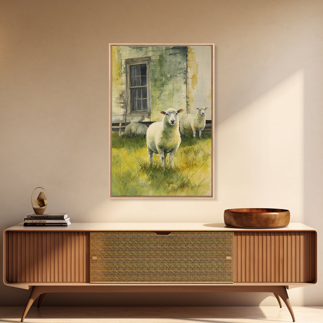 Watercolor Sheep in a Green Pasture Canvas Print, Country Art, Landscape Painting, Farmhouse Decor, Fine Art, Country, COU-2x3-7