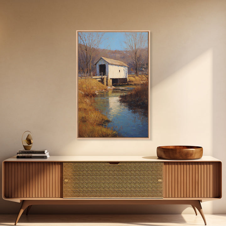 Covered Bridge over a Quiet Creek Canvas Print, Country Art, Art Print, Farmhouse Decor, Fine Art, Country, Watercolor Painting, COU-2x3-71