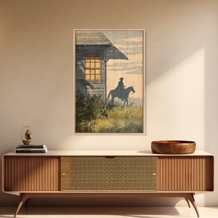 Horse and Rider Silhouette at Dusk Framed Canvas Print, Country Art, Large Wall Art, Farmhouse Decor, Fine Art, Country, COU-2x3-73