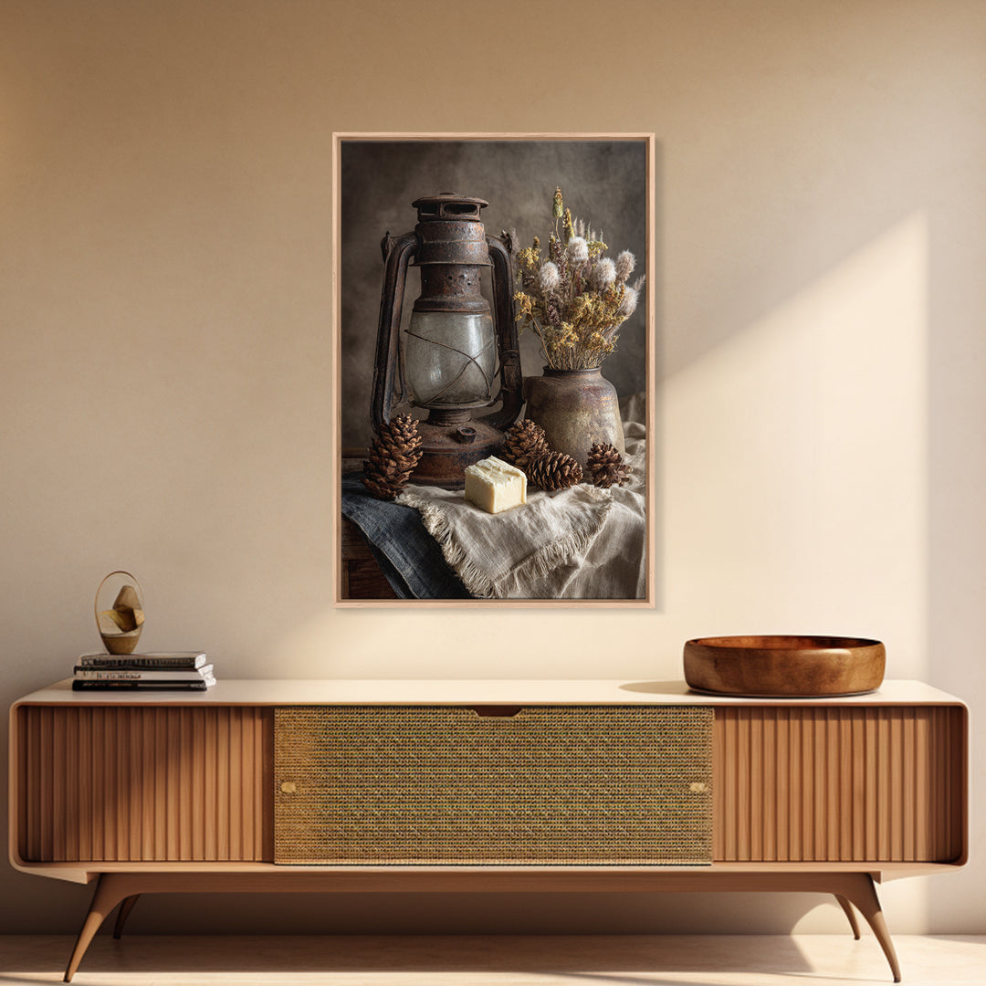 Old Lantern and Pinecones Still Life Framed Canvas Print, Country Art, Farmhouse Wall Decor, Farmhouse Decor, Oil Painting, COU-2x3-8