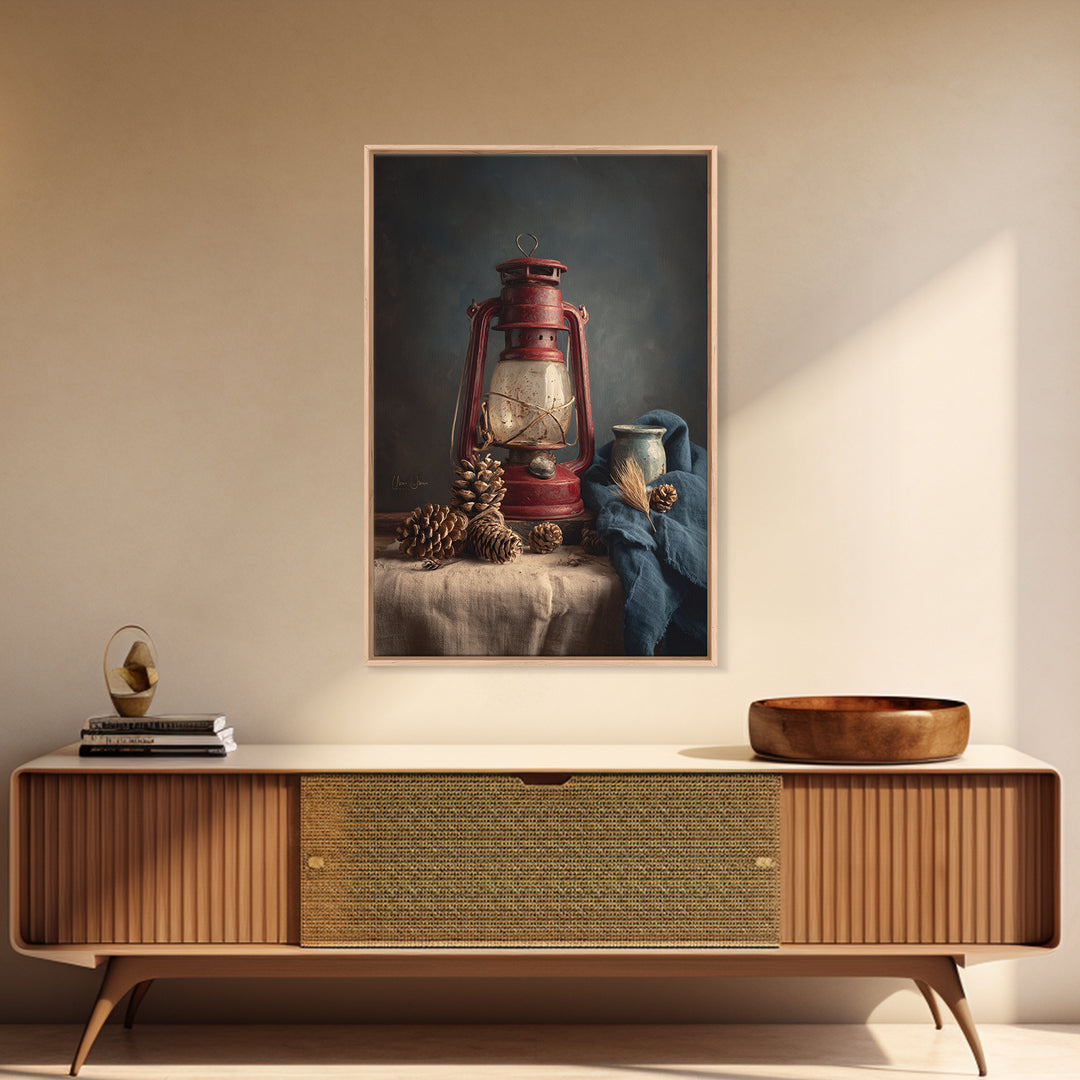 Old Lantern and Pinecones Still Life Framed Canvas Print, Country Art, Farmhouse Decor, Watercolor Art, Country, COU-2x3-80
