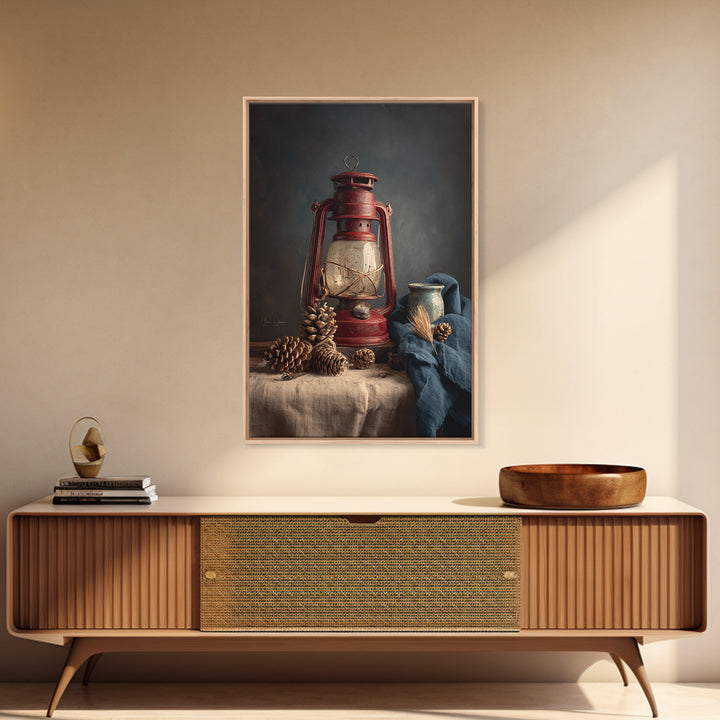 Old Lantern and Pinecones Still Life Framed Canvas Print, Country Art, Farmhouse Decor, Watercolor Art, Country, COU-2x3-80