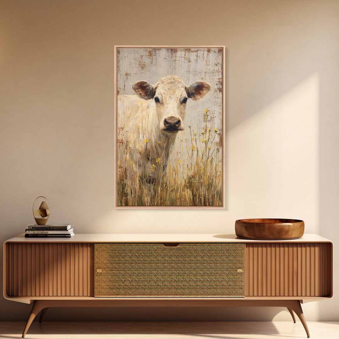 Cow Portrait with Gentle Farmhouse Personality Framed Canvas Print, Country Art, Landscape Painting, Farmhouse Decor, Country, COU-2x3-84