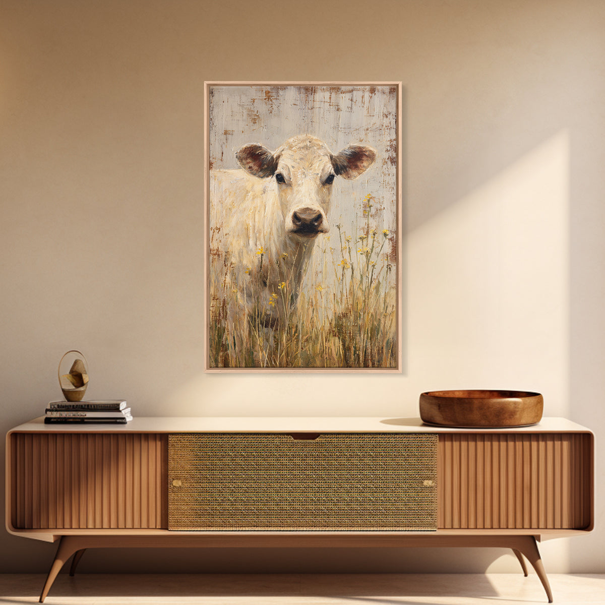 Cow Portrait with Gentle Farmhouse Personality Framed Canvas Print, Country Art, Landscape Painting, Farmhouse Decor, Country, COU-2x3-84