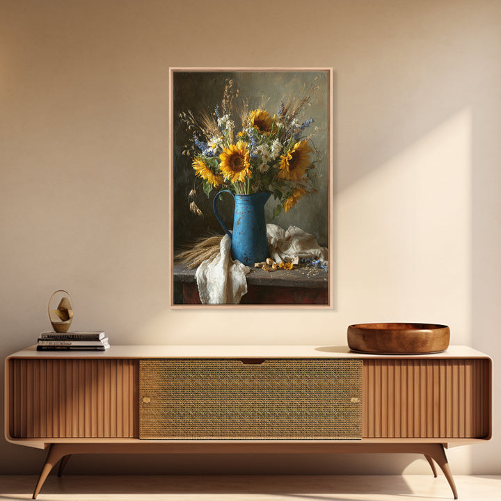 Sunflowers in a Blue Enamel Pitcher Framed Canvas Print, Country Art, Printable Wall Art, Farmhouse Decor, Fine Art, Country, COU-2x3-88