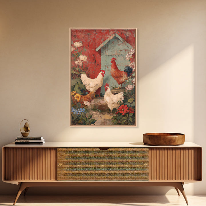 Chickens Pecking Near Garden Flowers Framed Canvas Print, Country Art, Farmhouse Decor, Watercolor Art, Country, COU-2x3-94