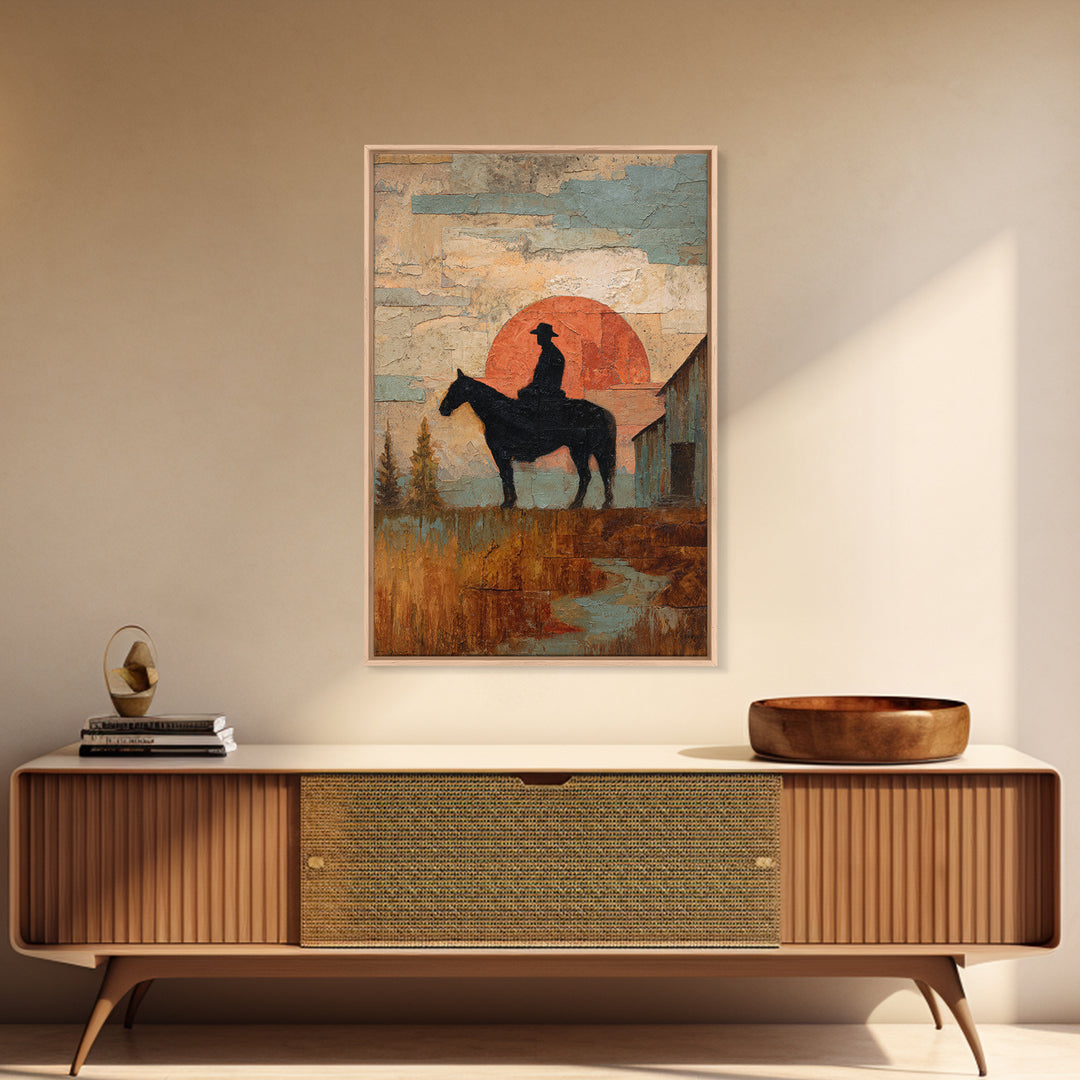 Horse and Rider Silhouette at Dusk Framed Canvas Print, Country Art, Large Wall Art, Farmhouse Decor, Fine Art, Country, COU-2x3-97