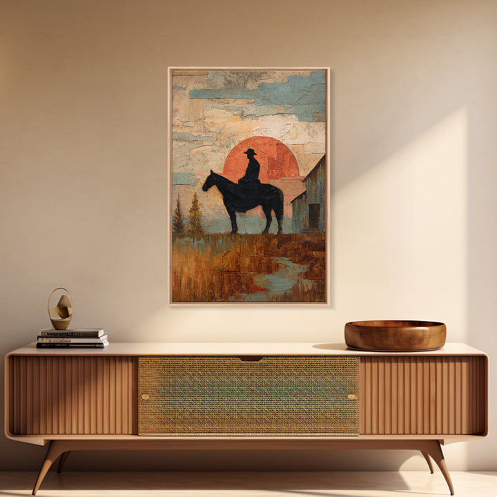 Horse and Rider Silhouette at Dusk Framed Canvas Print, Country Art, Large Wall Art, Farmhouse Decor, Fine Art, Country, COU-2x3-97