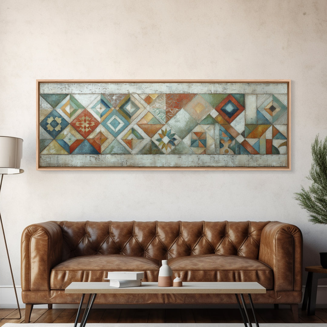 Quilt Geometric Folk Pattern Canvas Print, Country Art, Neutral Decor, Farmhouse Decor, Fine Art, Country, Home Decor, COU-3x1-100