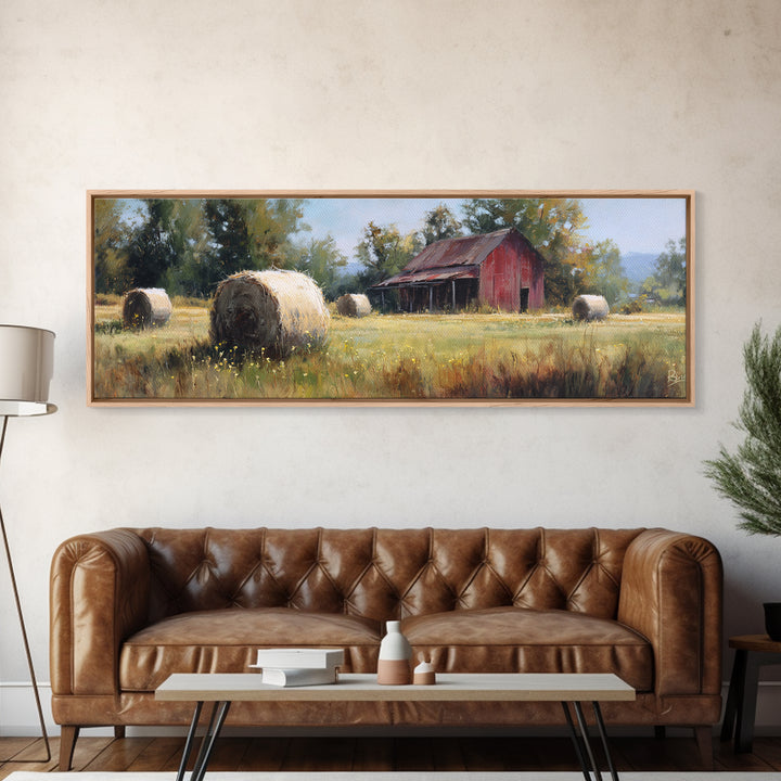Hay Bales in Late Afternoon Sun Framed Canvas Print, Country Art, Eclectic Wall Art, Farmhouse Decor, Fine Art, Country, COU-3x1-12