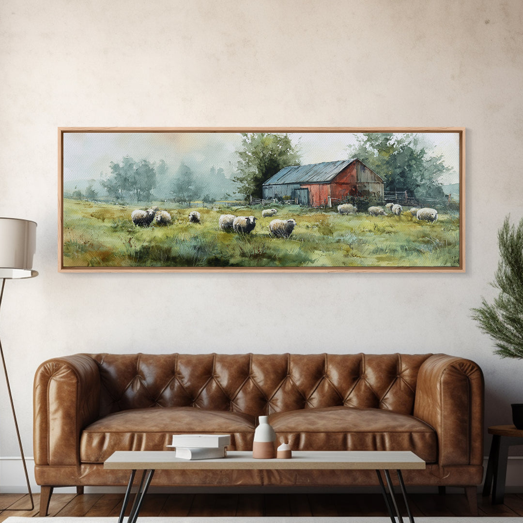 Watercolor Sheep in a Green Pasture Framed Canvas Print, Country Art, Gallery Wall Art, Farmhouse Decor, Fine Art, Country, COU-3x1-15