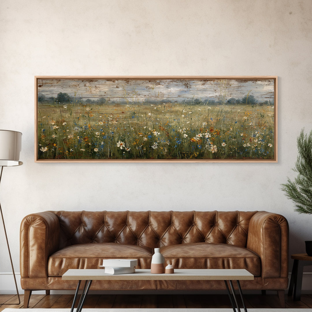 Wildflower Meadow Beside an Old Fence Framed Canvas Print, Country Art, Oil Painting, Farmhouse Decor, Watercolor Art, Country, COU-3x1-18