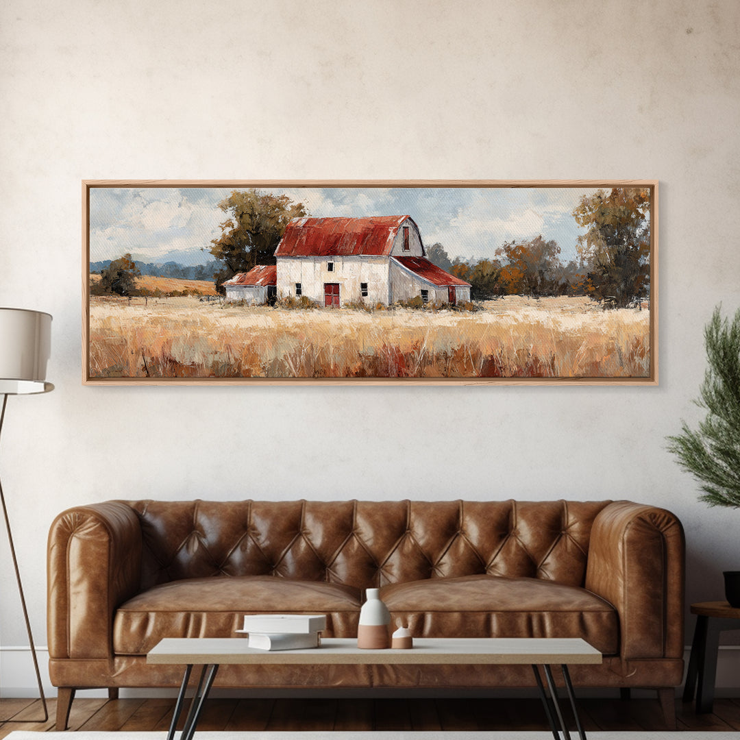 White Farmhouse Surrounded by Tall Grass Framed Canvas Print, Country Art, Art Prints, Farmhouse Decor, Fine Art, Country, COU-3x1-2