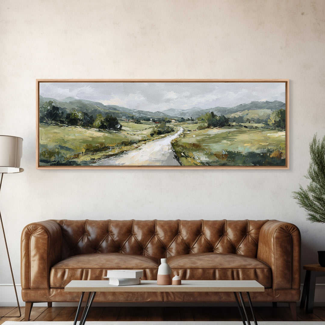 Country Road Disappearing into Green Hills Framed Canvas Print, Country Art, Statement Artwork, Farmhouse Decor, Country, COU-3x1-23