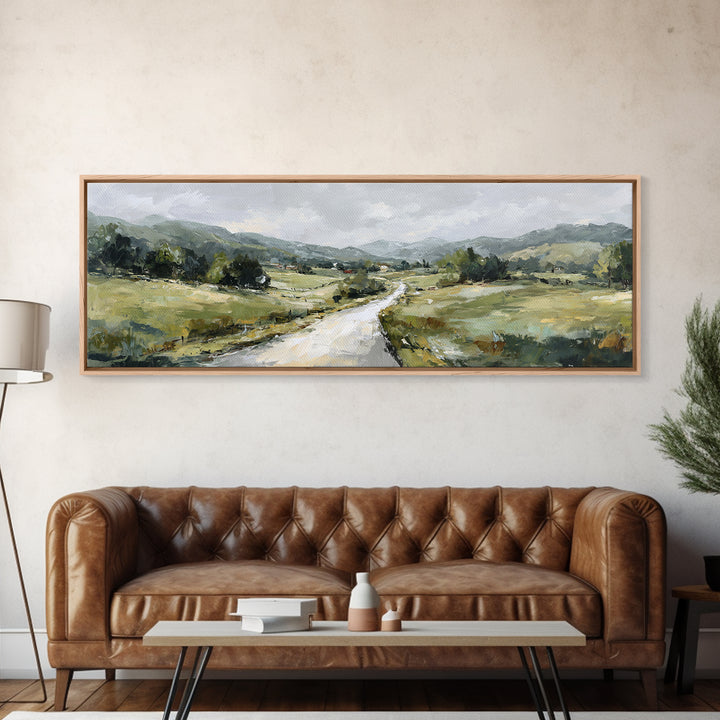 Country Road Disappearing into Green Hills Framed Canvas Print, Country Art, Statement Artwork, Farmhouse Decor, Country, COU-3x1-23