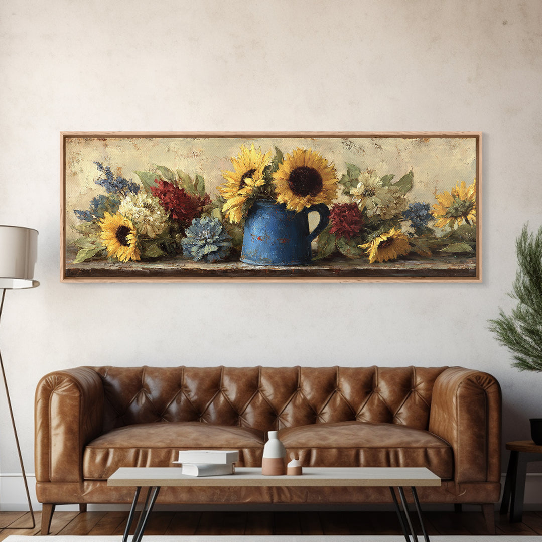 Sunflowers in a Blue Enamel Pitcher Canvas Print, Country Art, Farmhouse Wall Art, Farmhouse Decor, Watercolor Art, Country, COU-3x1-24