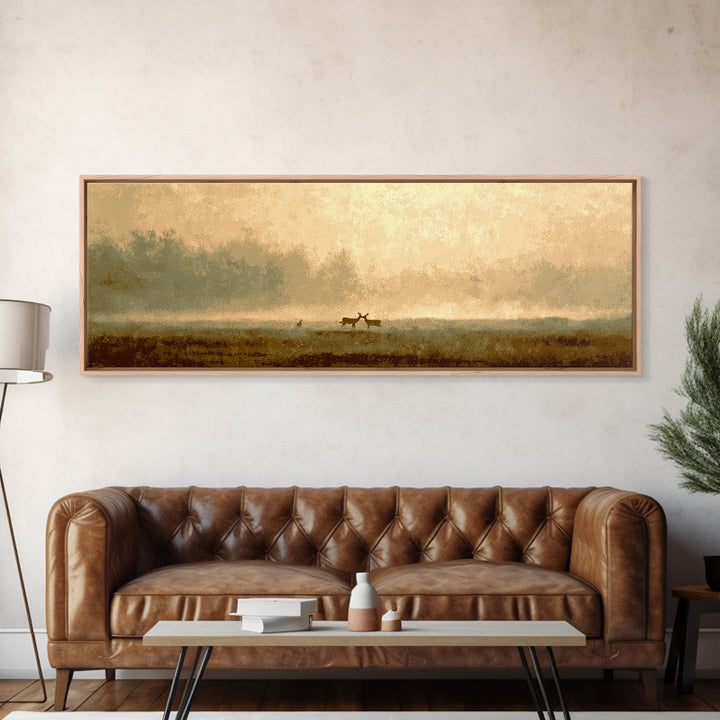 Deer Crossing a Misty Morning Field Framed Canvas Print, Country Art, Boho Decor, Farmhouse Decor, Fine Art, Country, COU-3x1-27