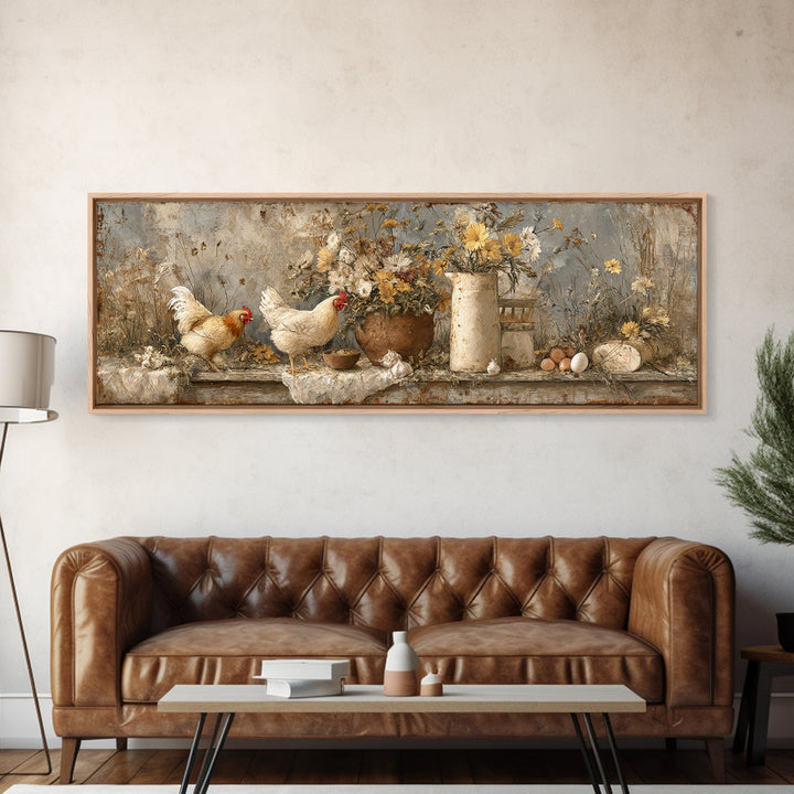 Chickens Pecking Near Garden Flowers Canvas Print, Country Art, Wall Art, Farmhouse Decor, Watercolor Art, Country, COU-3x1-30