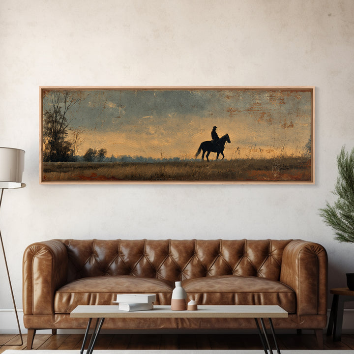 Horse and Rider Silhouette at Dusk Canvas Print, Country Art, Farmhouse Decor, Country, Gallery Wall Art, Landscape Wall Art, COU-3x1-33
