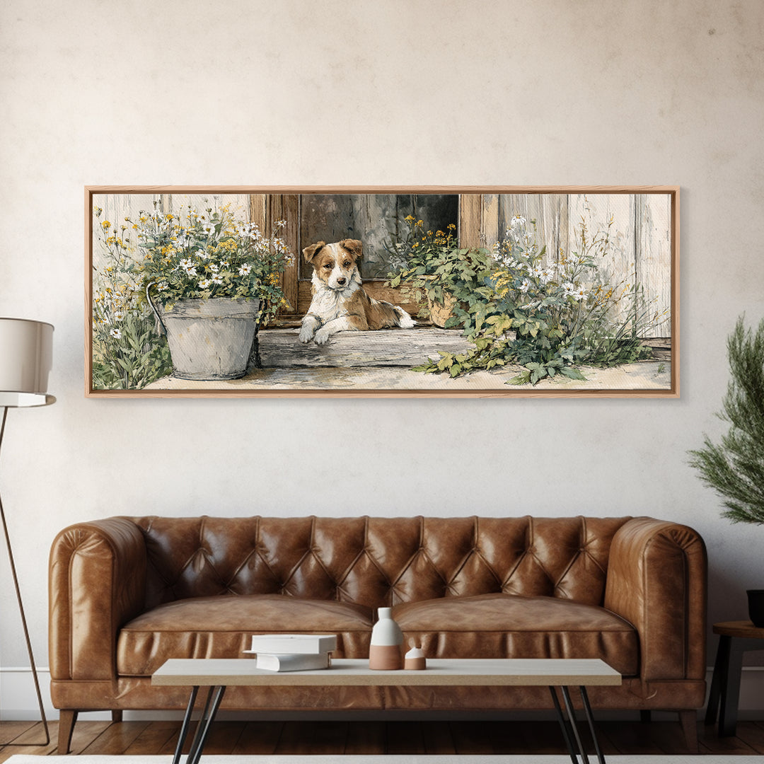 Dog Resting Beside a Porch Flower Pot Canvas Print, Country Art, Original Painting, Farmhouse Decor, Oil Painting, Country, COU-3x1-38