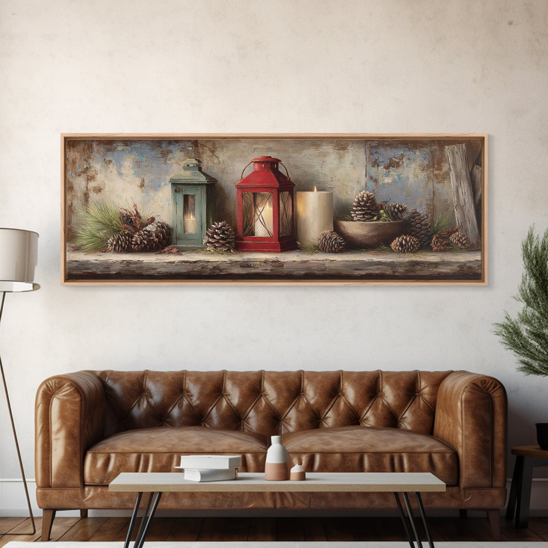 Old Lantern and Pinecones Still Life Canvas Print, Country Art, Gallery Decor, Farmhouse Decor, Fine Art, Country, COU-3x1-40