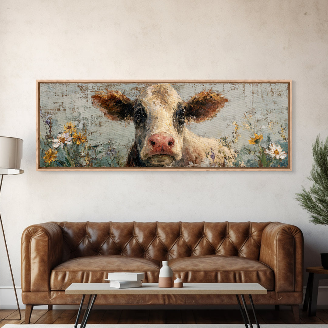 Cow Portrait with Gentle Farmhouse Personality Framed Canvas Print, Country Art, Wall Decor, Farmhouse Decor, Fine Art, Country, COU-3x1-44