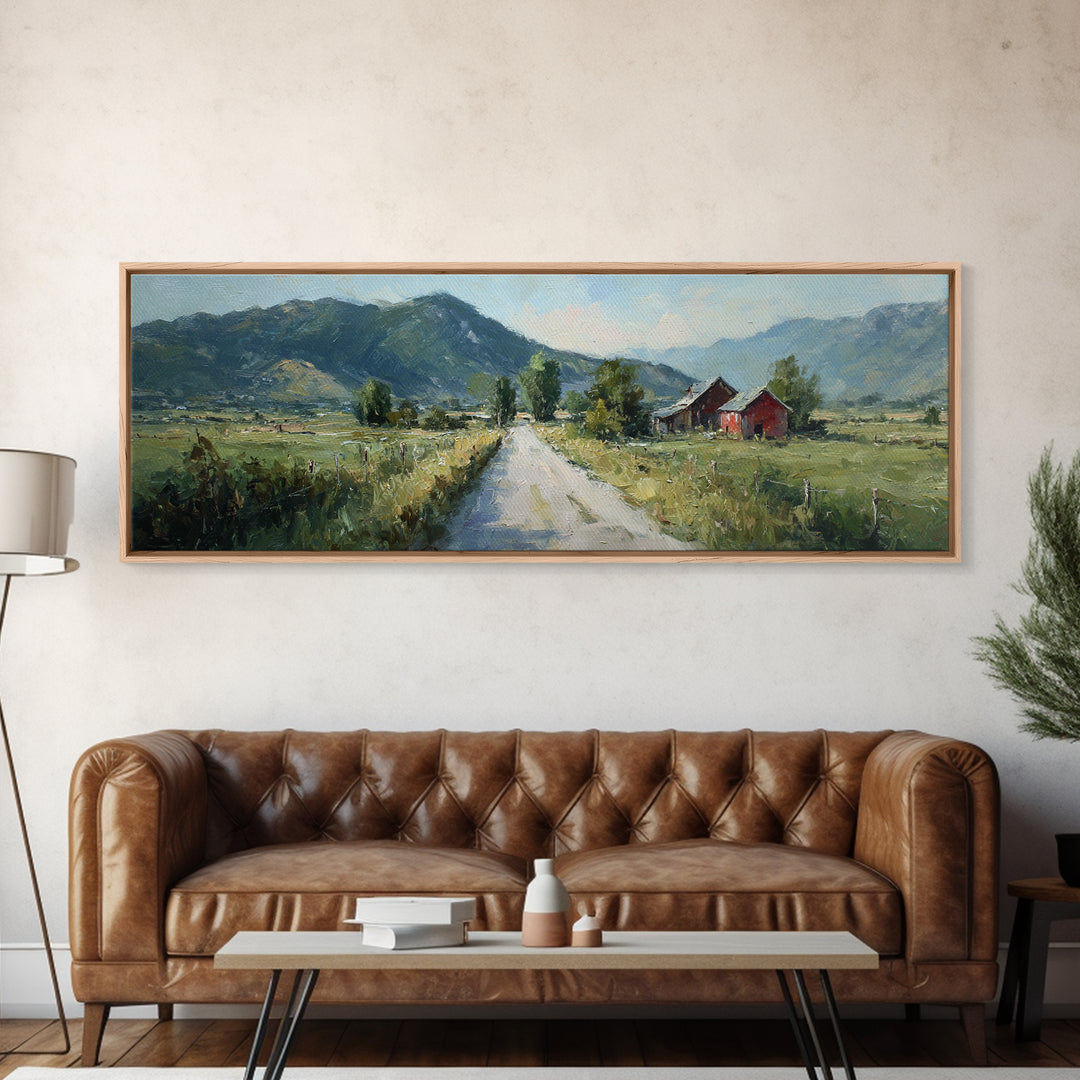 Country Road Disappearing into Green Hills Framed Canvas Print, Country Art, Art, Farmhouse Decor, Oil Painting, Country, COU-3x1-47