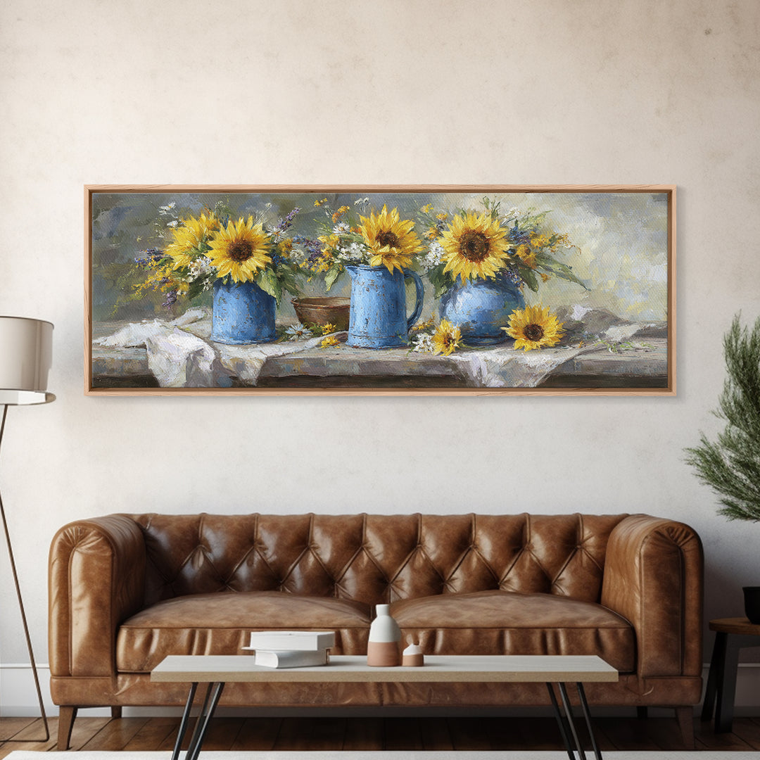 Sunflowers in a Blue Enamel Pitcher Canvas Print, Country Art, Luxury Decor, Farmhouse Decor, Fine Art, Country, COU-3x1-48