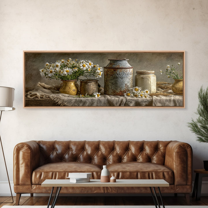 Milk Can and Daisies Rustic Still Life Framed Canvas Print, Country Art, Oil Painting, Farmhouse Decor, Watercolor Art, Country, COU-3x1-5
