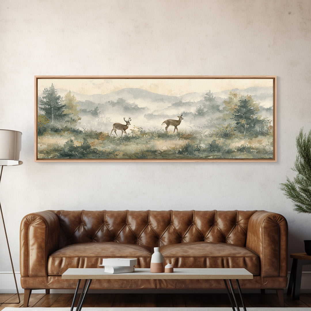 Deer Crossing a Misty Morning Field Framed Canvas Print, Country Art, Digital Prints, Farmhouse Decor, Fine Art, Country, COU-3x1-51