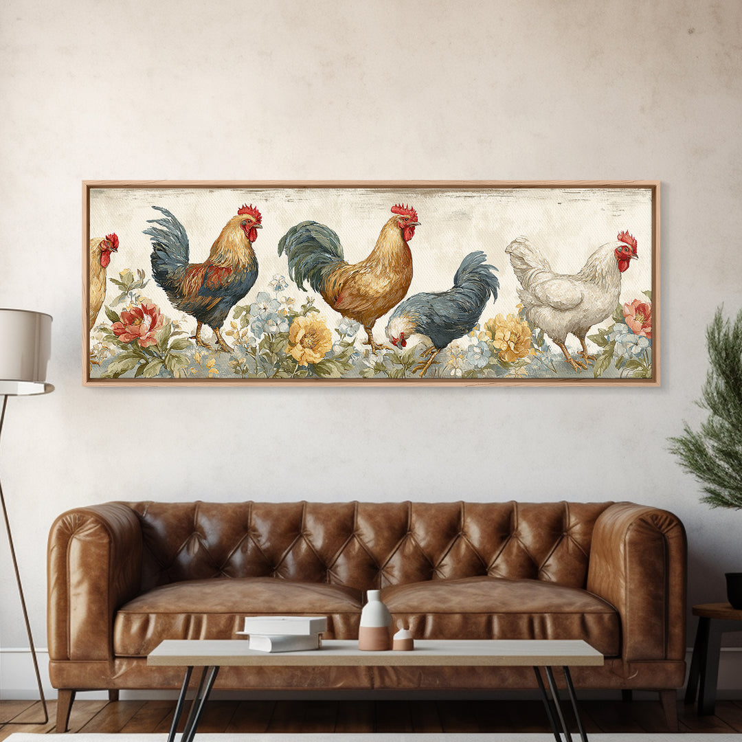 Chickens Pecking Near Garden Flowers Canvas Print, Country Art, Landscape Painting, Farmhouse Decor, Watercolor Art, Country, COU-3x1-54