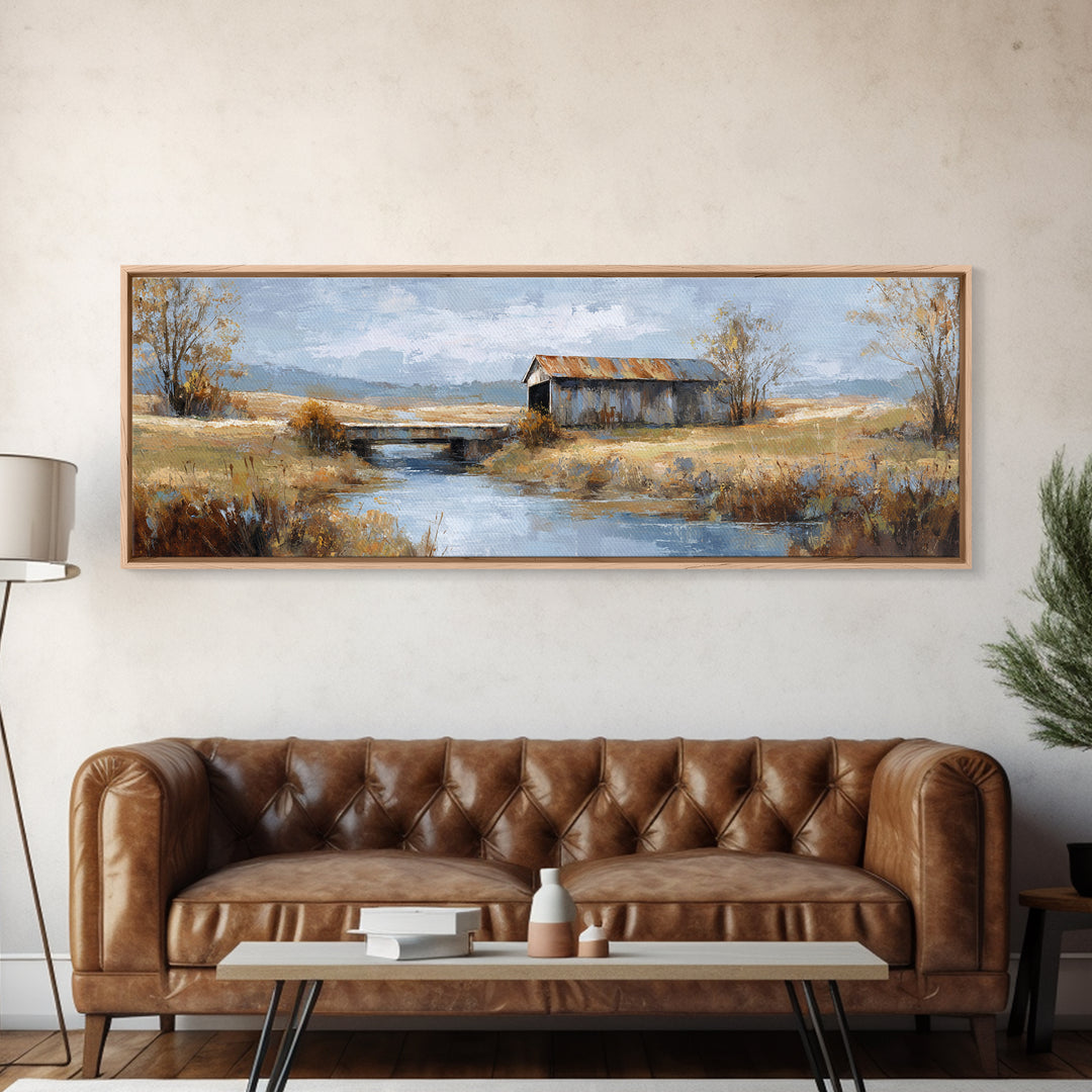 Covered Bridge over a Quiet Creek Framed Canvas Print, Country Art, Contemporary Art, Farmhouse Decor, Fine Art, Country, COU-3x1-55