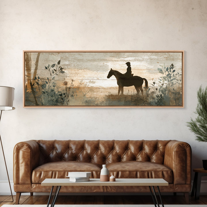 Horse and Rider Silhouette at Dusk Framed Canvas Print, Country Art, Digital Art Prints, Farmhouse Decor, Fine Art, Country, COU-3x1-57