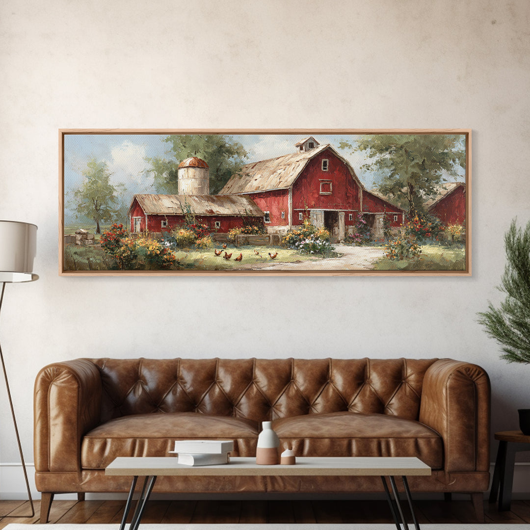 Chickens Pecking Near Garden Flowers Canvas Print, Country Art, Digital Art Prints, Farmhouse Decor, Fine Art, Country, COU-3x1-6