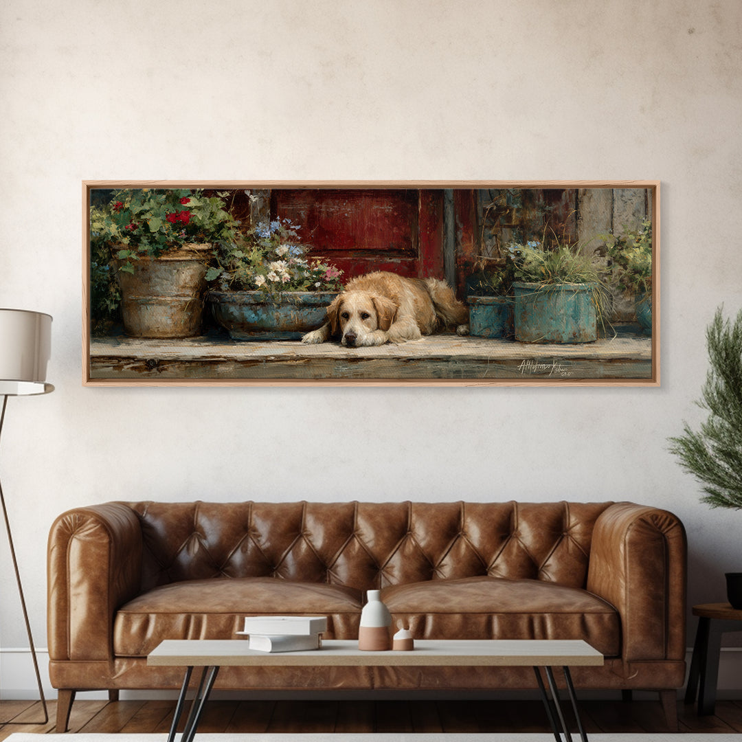 Dog Resting Beside a Porch Flower Pot Canvas Print, Country Art, Gallery Decor, Farmhouse Decor, Fine Art, Country, COU-3x1-62