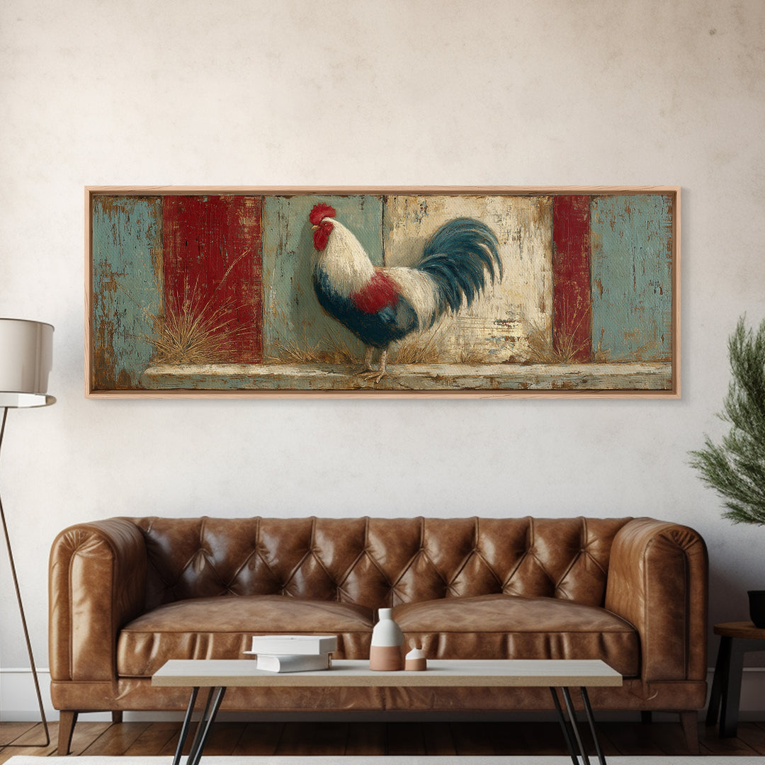 Rooster in Bold Folk Art Color Framed Canvas Print, Country Art, Eclectic Wall Art, Farmhouse Decor, Fine Art, Country, COU-3x1-69