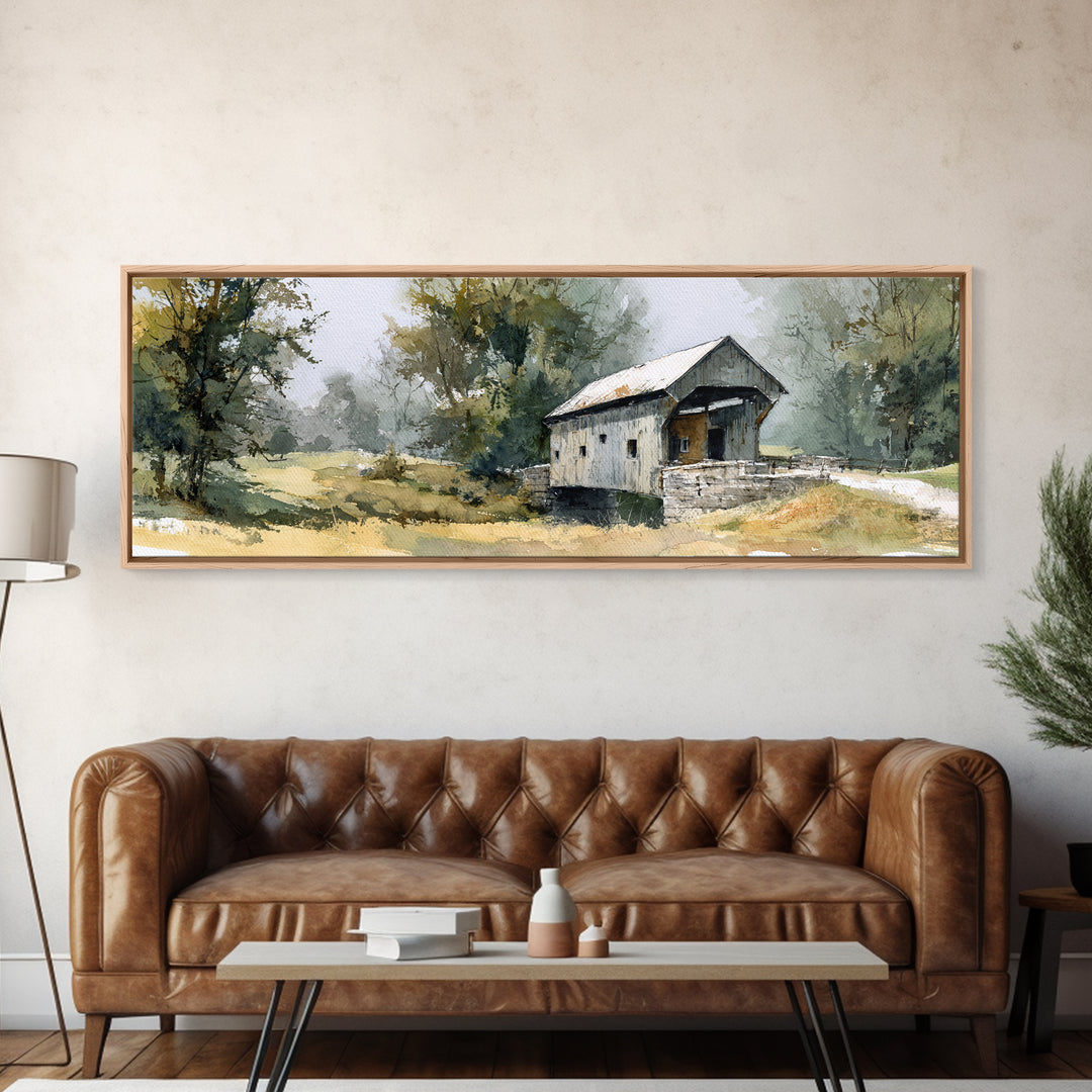 Covered Bridge over a Quiet Creek Framed Canvas Print, Country Art, Wall Decor, Farmhouse Decor, Fine Art, Country, Wall Art, COU-3x1-7