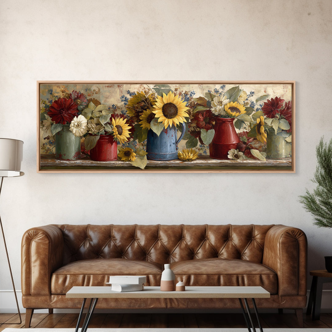 Sunflowers in a Blue Enamel Pitcher Framed Canvas Print, Country Art, Wall Art, Farmhouse Decor, Fine Art, Country, COU-3x1-72