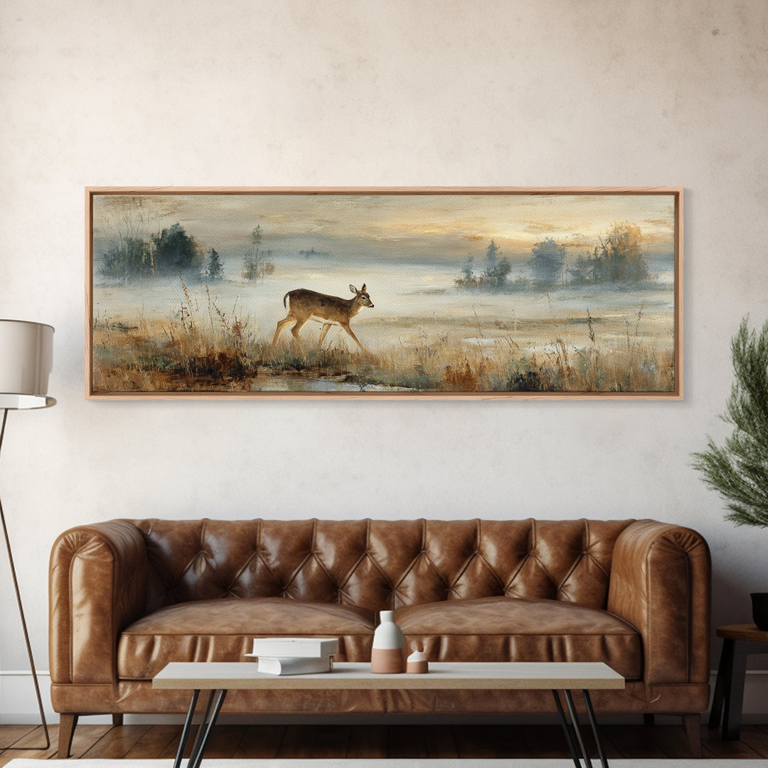 Deer Crossing a Misty Morning Field Canvas Print, Country Art, Digital Wall Art, Farmhouse Decor, Country, Floral Wall Art, COU-3x1-75