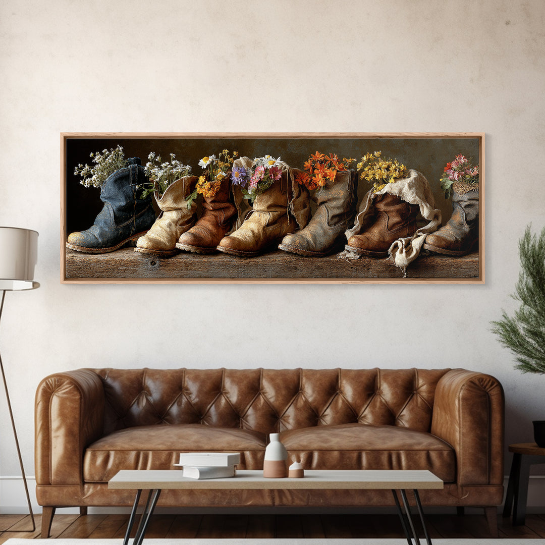 Weathered Boots with Wildflowers Tucked Inside Canvas Print, Country Art, Landscape Painting, Farmhouse Decor, Watercolor Art, COU-3x1-8