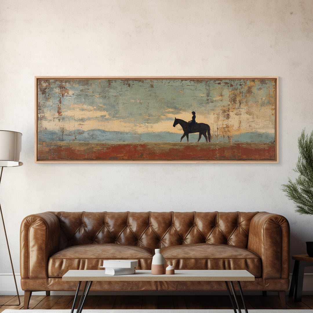Horse and Rider Silhouette at Dusk Framed Canvas Print, Country Art, Digital Art Prints, Farmhouse Decor, Fine Art, Country, COU-3x1-81