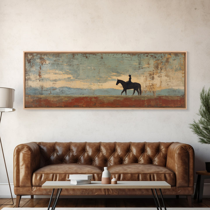 Horse and Rider Silhouette at Dusk Framed Canvas Print, Country Art, Digital Art Prints, Farmhouse Decor, Fine Art, Country, COU-3x1-81