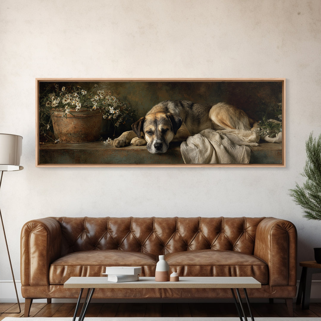 Dog Resting Beside a Porch Flower Pot Canvas Print, Country Art, Digital Wall Art, Farmhouse Decor, Fine Art, Country, COU-3x1-86