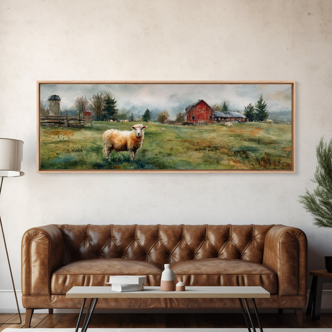 Watercolor Sheep in a Green Pasture Framed Canvas Print, Country Art, Printable Wall Art, Farmhouse Decor, Fine Art, Country, COU-3x1-87